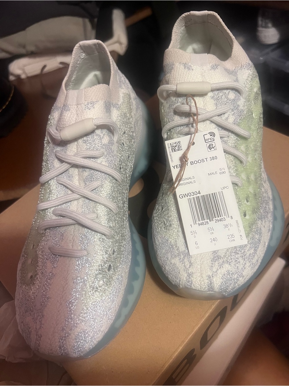 Yeezy Boost 380 Kids Sneakers - White with Light Blue & Pale Green Accents